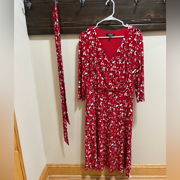 Lauren Ralph Lauren Red Floral Faux Wrap Jersey Dress Size 12 - Picture 13 of 15